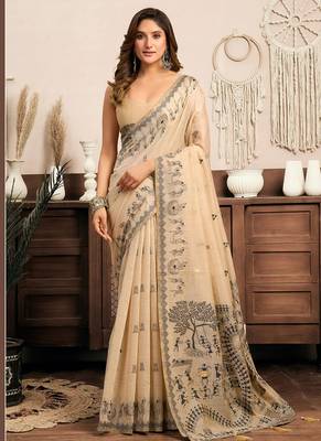 Cream cotton blend warli work saree with unstitched blouse 1
