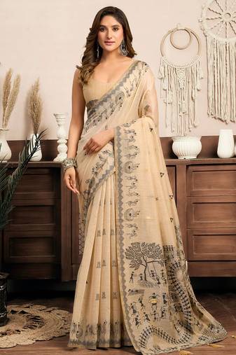 Cream cotton blend warli work saree with unstitched blouse