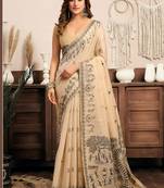 Cream cotton blend warli work saree with unstitched blouse