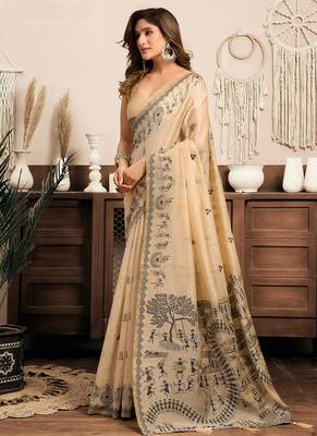 Cream cotton blend warli work saree with unstitched blouse 2
