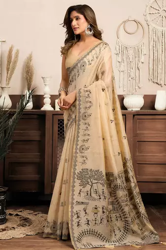 Cream cotton blend warli work saree with unstitched blouse