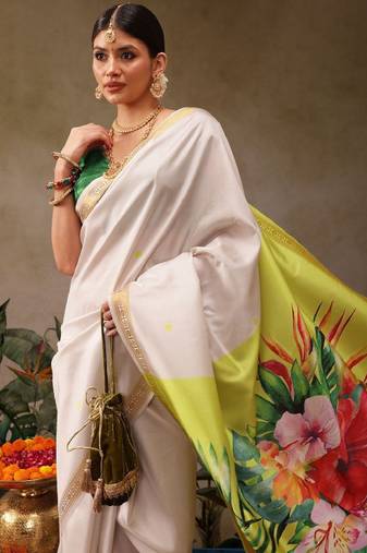 white kasavu silk saree with floral print