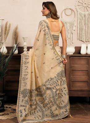 Cream cotton blend warli work saree with unstitched blouse 3