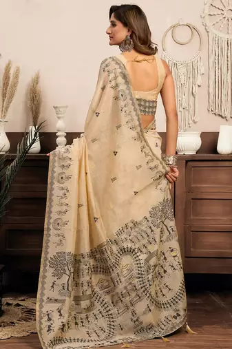 Cream cotton blend warli work saree with unstitched blouse