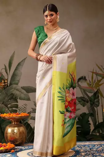 white kasavu silk saree with floral print