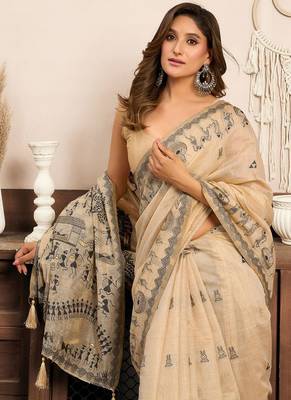 Cream cotton blend warli work saree with unstitched blouse 4
