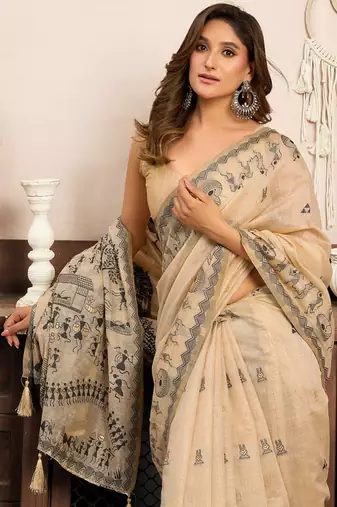 Cream cotton blend warli work saree with unstitched blouse