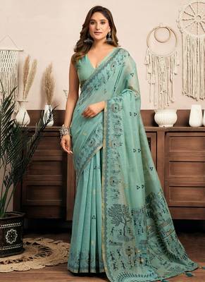 Sky blue cotton blend warli work saree with unstitched blouse 1