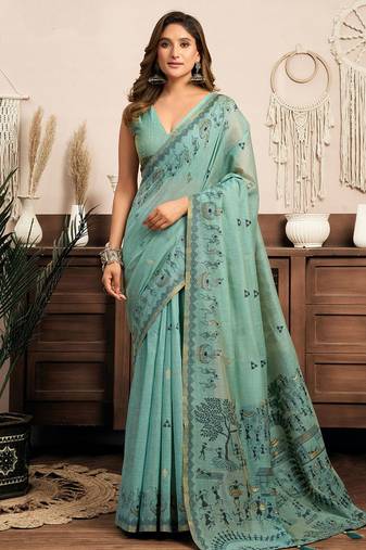 Sky blue cotton blend warli work saree with unstitched blouse