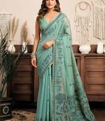 Sky blue cotton blend warli work saree with unstitched blouse