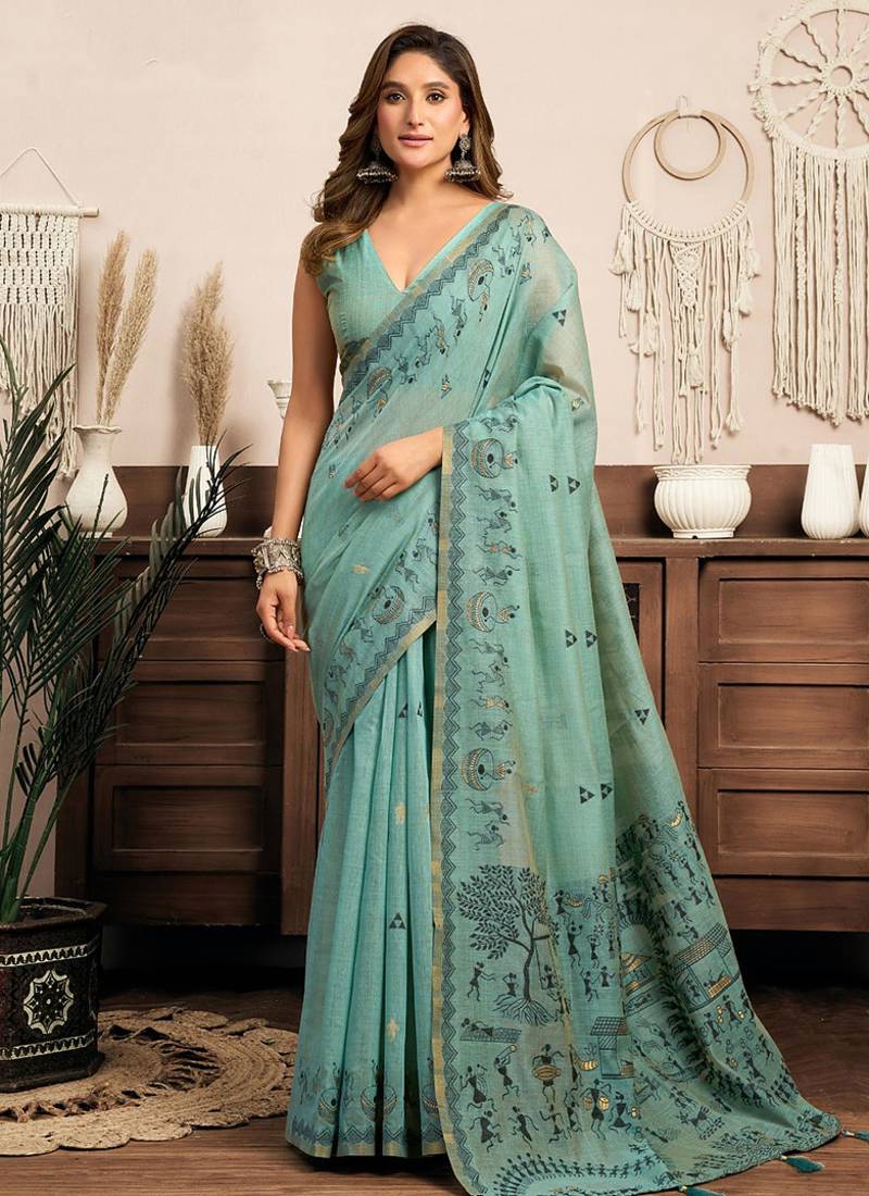 Sky blue cotton blend warli work saree with unstitched blouse