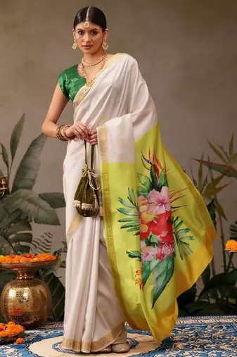 white kasavu silk saree with floral print