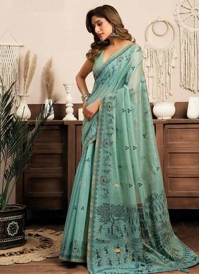 Sky blue cotton blend warli work saree with unstitched blouse 2