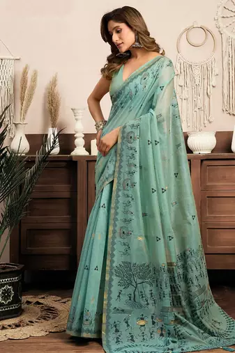 Sky blue cotton blend warli work saree with unstitched blouse