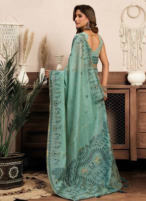 Sky blue cotton blend warli work saree with unstitched blouse 3