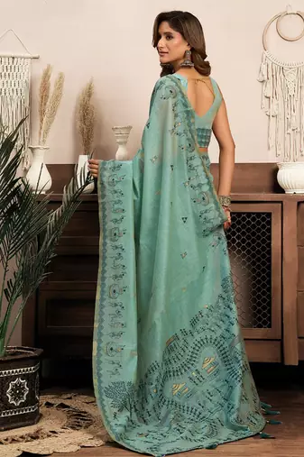 Sky blue cotton blend warli work saree with unstitched blouse