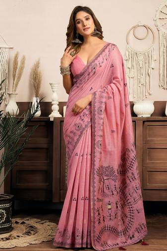 Pink cotton blend warli work saree with unstitched blouse