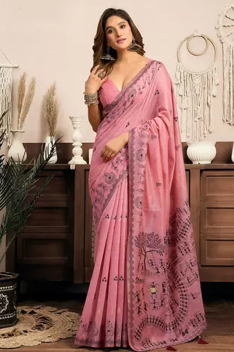 Pink cotton blend warli work saree with unstitched blouse