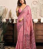 Pink cotton blend warli work saree with unstitched blouse