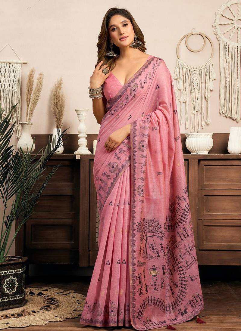 Pink cotton blend warli work saree with unstitched blouse