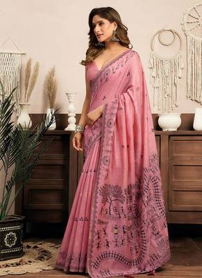Pink cotton blend warli work saree with unstitched blouse 2