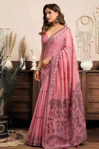 Pink cotton blend warli work saree with unstitched blouse