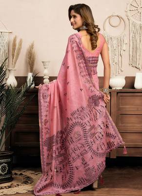 Pink cotton blend warli work saree with unstitched blouse 3
