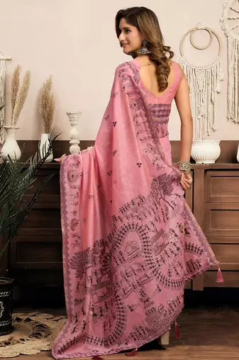 Pink cotton blend warli work saree with unstitched blouse