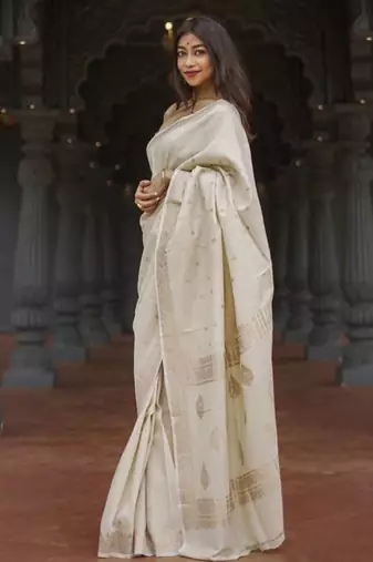 cream silk saree with woven design zari work