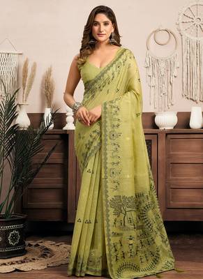 Light green cotton blend warli work saree with unstitched blouse 1