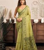 Light green cotton blend warli work saree with unstitched blouse