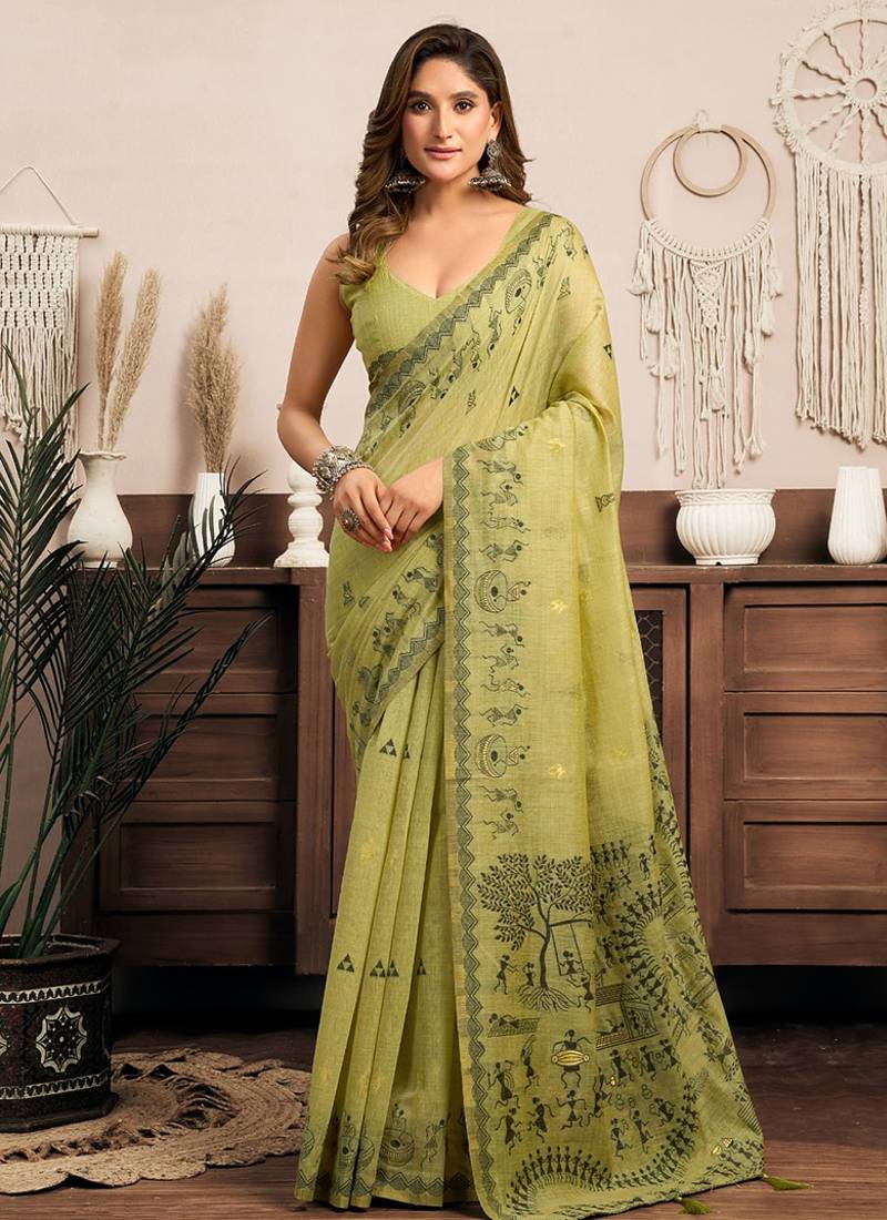 Light green cotton blend warli work saree with unstitched blouse