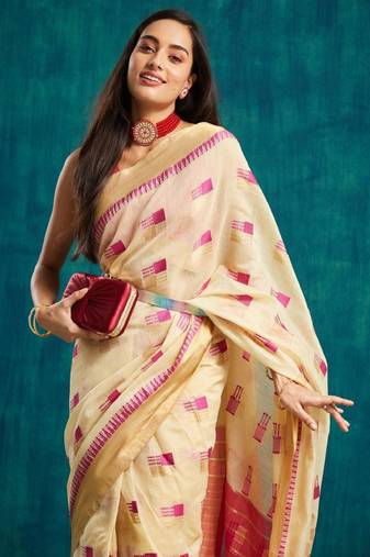 cream silk saree with woven design dharmavaram work