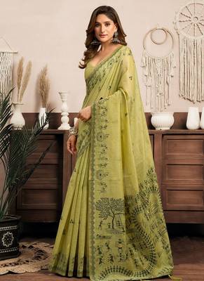 Light green cotton blend warli work saree with unstitched blouse 2