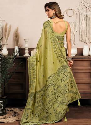 Light green cotton blend warli work saree with unstitched blouse 3