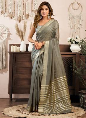Grey khadi cotton saree with golden zari border and brocade blouse 1
