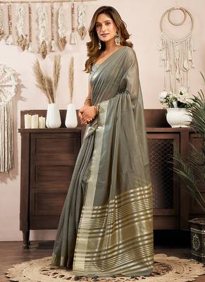 Grey khadi cotton saree with golden zari border and brocade blouse 2