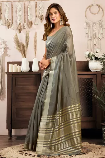 Grey khadi cotton saree with golden zari border and brocade blouse