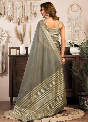 Grey khadi cotton saree with golden zari border and brocade blouse 3