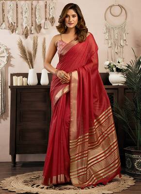 Red khadi cotton saree with golden zari border and brocade blouse 1
