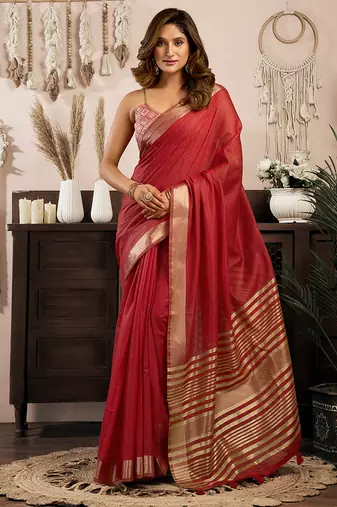 Red khadi cotton saree with golden zari border and brocade blouse