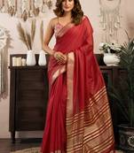 Red khadi cotton saree with golden zari border and brocade blouse