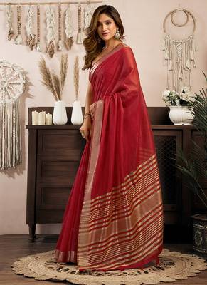 Red khadi cotton saree with golden zari border and brocade blouse 2