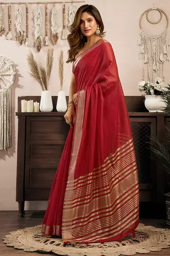 Red khadi cotton saree with golden zari border and brocade blouse