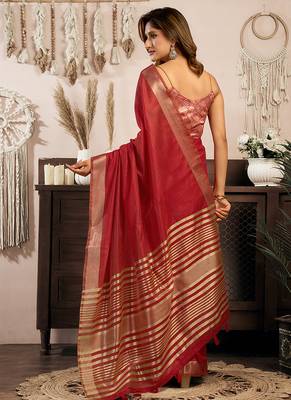 Red khadi cotton saree with golden zari border and brocade blouse 3
