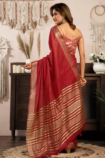 Red khadi cotton saree with golden zari border and brocade blouse