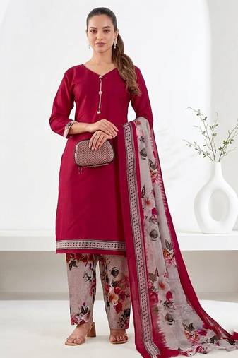 Red printed cotton blend stitched floral print salwar kurta dupatta for women