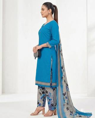 Teal printed cotton blend stitched floral print salwar kurta dupatta for women 2