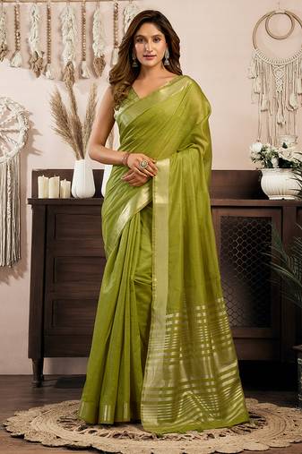 Green khadi cotton saree with golden zari border and brocade blouse