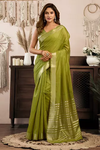 Green khadi cotton saree with golden zari border and brocade blouse